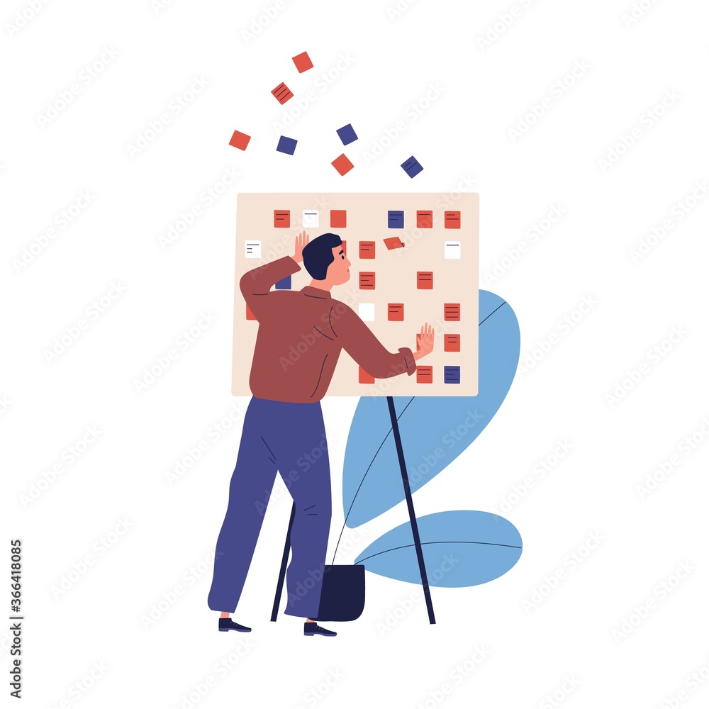 Poster concept of missing deadline, bad time management. scene of upset, nervous man standing by work clipb