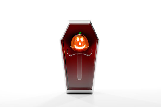 candle light in pumpkin with transparent glass coffin for happy halloween ,Concept 3d illustration or 3d render