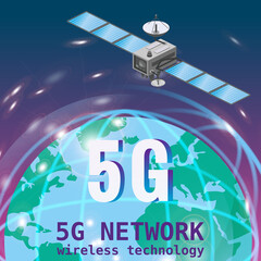 Global 5G internet network satellite communication. Satellite flying orbital upon Earth