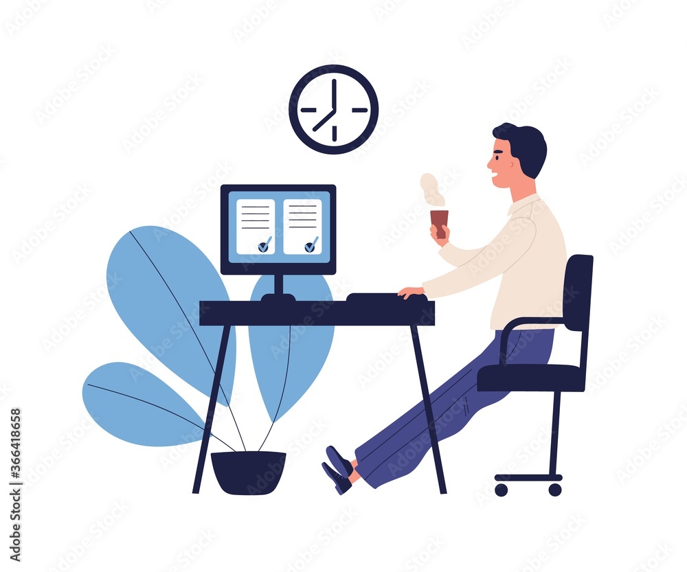Poster concept of good time management, productive work, self organization. office man having coffee break 