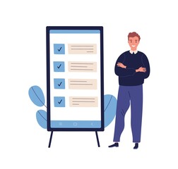 Concept of successful task completion, organize effective daily plan, time management. Happy man stand by clipboard with big mobile interface. Flat vector illustration isolated on white background