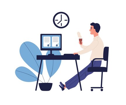 Concept of good time management, productive work, self organization. Office man having coffee break with done to do list, appointment in flat vector cartoon illustration isolated on white background
