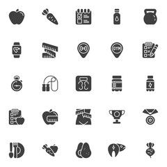 Healthy lifestyle vector icons set, modern solid symbol collection filled style pictogram pack. Signs logo illustration. Set includes icons - healthy food diet planning, gym equipment, sport nutrition
