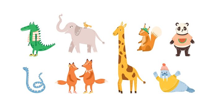 Set of childish cute animal characters. Design, decoration, decorative element. Funny panda, walrus, crocodile, elephant, fox, squirrel, giraffe. Flat vector cartoon illustration isolated on white