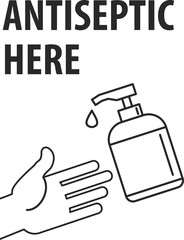 Signature antiseptic here. Hand sanitizer bottle, personal protective equipment, disinfectant sprays to prevent viruses, coronavirus. Vector flat infographics illustration