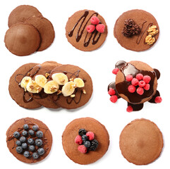 Delicious chocolate pancakes on white background