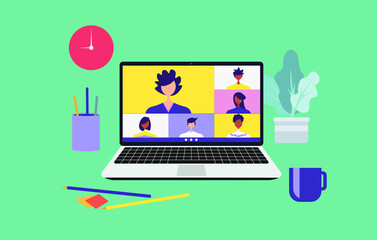 Work from home and work from anywhere concept, people connecting together, video conference remote working on laptop computer, learning or meeting online with teleconference, flat vector illustration