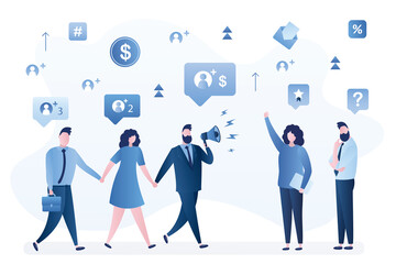 Referral program concept. Promotion campaign, target marketing. Businessman or blogger uses loudspeaker to attract referrals.