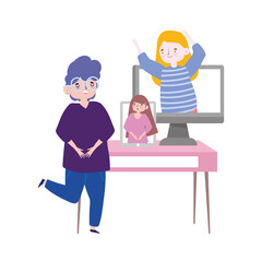 online party, meeting friends, man celebrating with women by smartphone and computer