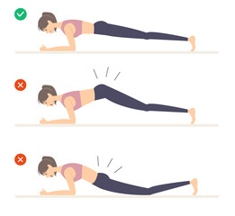 プランクをする女性のイラスト　プランクの正しいやり方　プランクの正しい姿勢