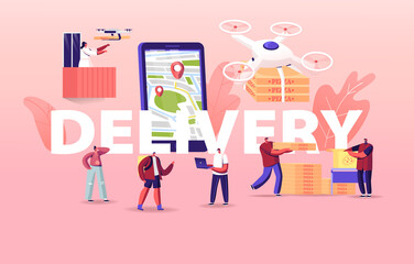 People Using Drones for Food Delivery Concept. Quadcopters Bringing Pizza to Characters. Aerial Drone Remote Control