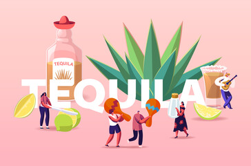 People Drinking Tequila Concept. Tiny Characters with Maracas, Salt and Lime at Huge Bottle and Agave Azul Plant Poster - obrazy, fototapety, plakaty