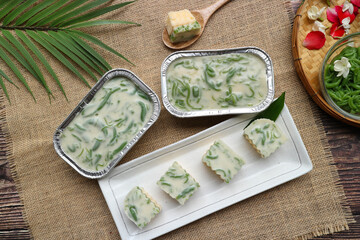 Thai Dessert ( LOD Chong cake) -made from jelly sweet rice noodle with pandanus leaf and coconut...