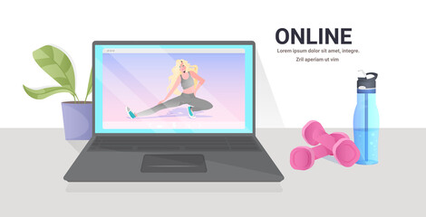 woman doing yoga fitness exercises on laptop screen online training healthy lifestyle concept horizontal copy space vector illustration