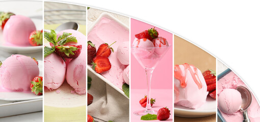 Collage of photos with tasty strawberry ice cream
