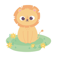 Obraz na płótnie Canvas cute little lion cartoon animal adorable with flowers sitting in grass