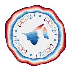 Brunei badge. Map of the country with beautiful geometric waves and vibrant red blue frame. Vivid round Brunei logo. Vector illustration.