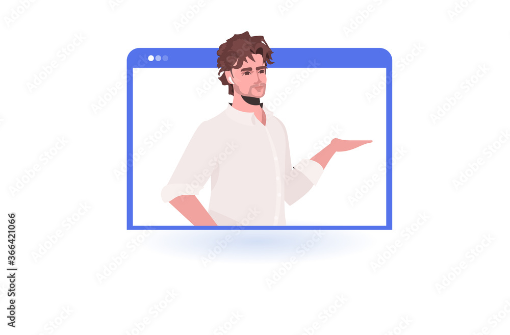 Poster man having virtual conference during video call remote work quarantine isolation concept businessman
