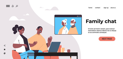 young couple having virtual meeting with grandparents during video call family chat online communication concept portrait horizontal copy space vector illustration