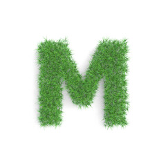 Letter M symbol made of green grass isolated on white background, part of the set. Sustainable technology or lifestyle related 3d rendering