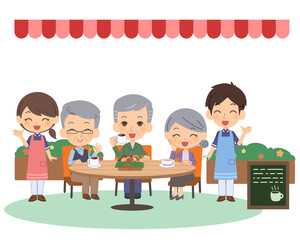 認知症カフェで楽しむ人々と介護士　セット