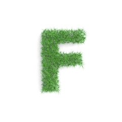Letter F symbol made of green grass isolated on white background, part of the set. Sustainable technology or lifestyle related 3d rendering