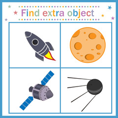 Map game for children's development, find an extra object, where all objects are made by man, except the moon, the Moon is extra. Vector illustration. Education, design