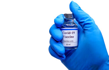 The doctor's hand is wearing blue gloves, holding the vaccine,Experimental vaccine covid-19 on...
