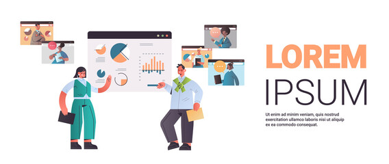 businesspeople presenting financial graph to mix race colleagues during video call online conference meeting communication concept horizontal full length copy space vector illustration