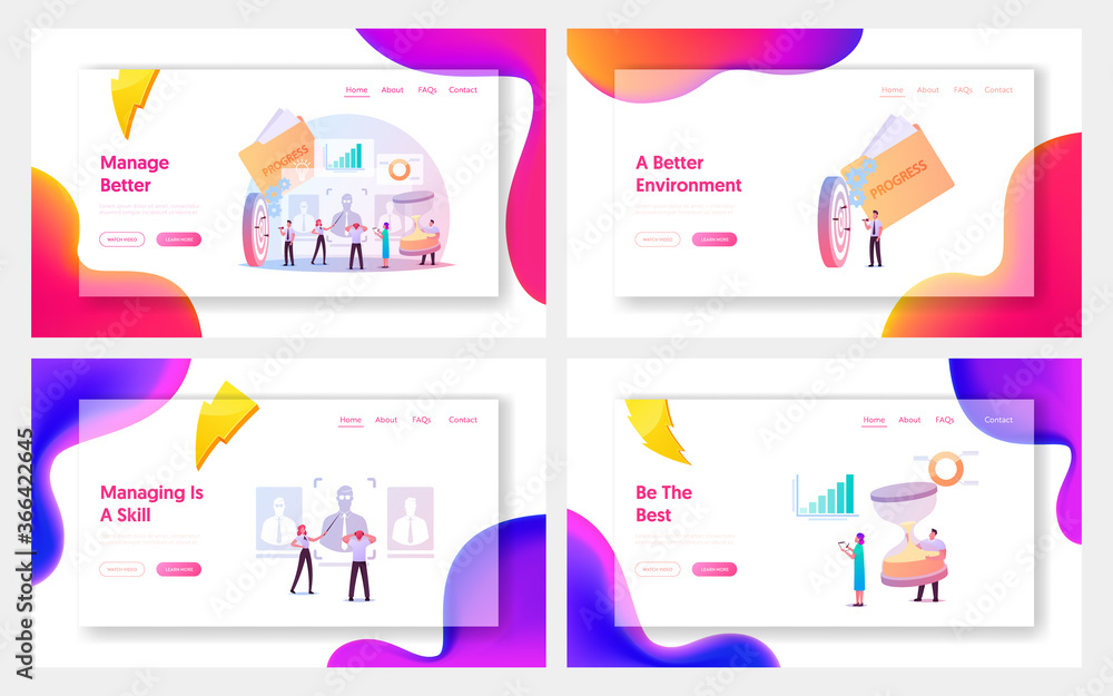Poster performance management landing page template set. characters ensuring activities and outputs organiz