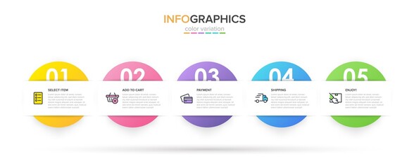 Concept of shopping process with 5 successive steps. Five colorful graphic elements. Timeline design for brochure, presentation, web site. Infographic design layout.