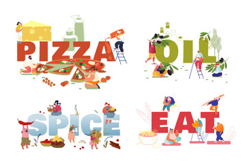 Set of Posters with Tiny People Eating Pizza, Produce Olive Oil, Using Spices for Cooking. Characters Eat Chinese Food