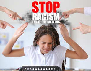 Pupils bullying African-American girl at school. Stop racism
