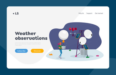 Weather Radiosonde Landing Page Template. Female Character with Meteorology Probe Air Balloon on Meteo Station Probing