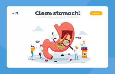 Gastroenterology Landing Page Template. Patient Character Suffer of Stomachache and Helicobacter Stomach Disease or Pain