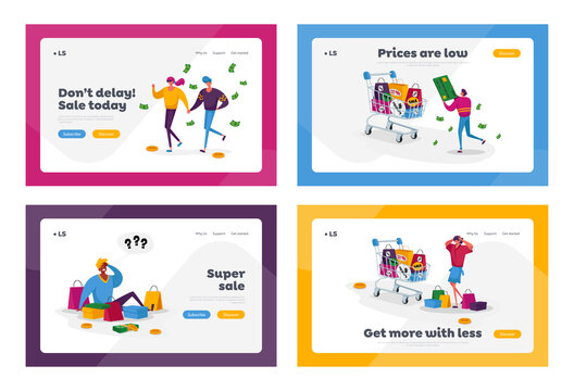 Buyers Characters at Seasonal Sale or Discount Landing Page Template Set. Tiny Shopaholic People, Huge Shopping Trolley