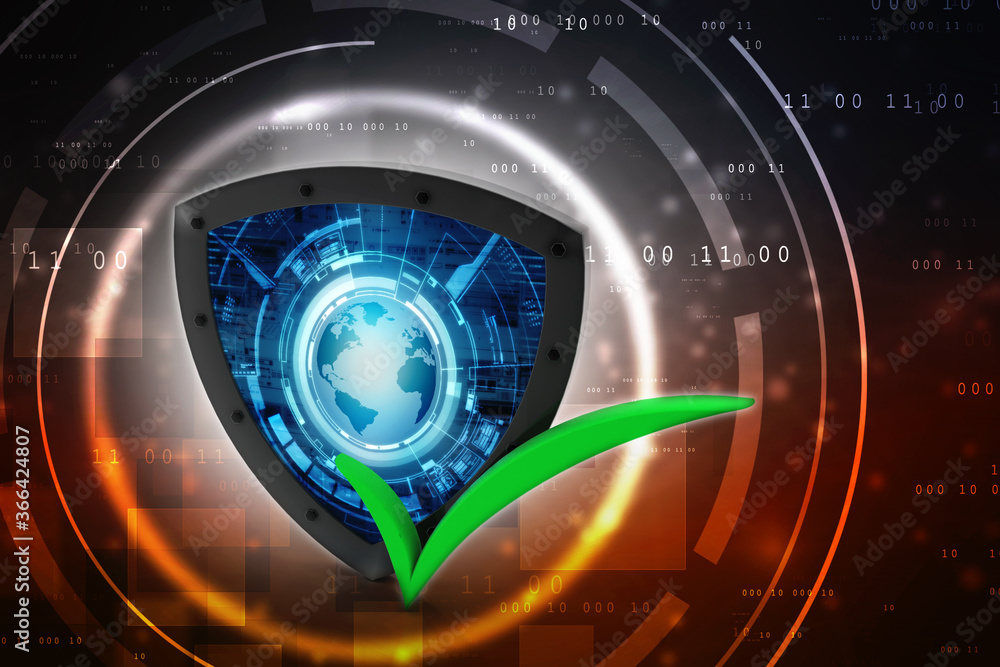 Poster 3d rendering tick mark over a shield surface