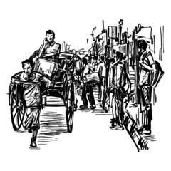Drawing of the rickshaw traditional transportation in India 