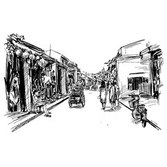 Drawing of the old city Hoi An in Vietnam  - obrazy, fototapety, plakaty