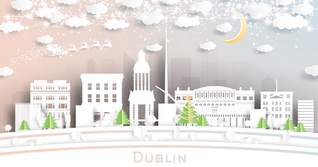 Dublin Ireland City Skyline in Paper Cut Style with Snowflakes, Moon and Neon Garland.