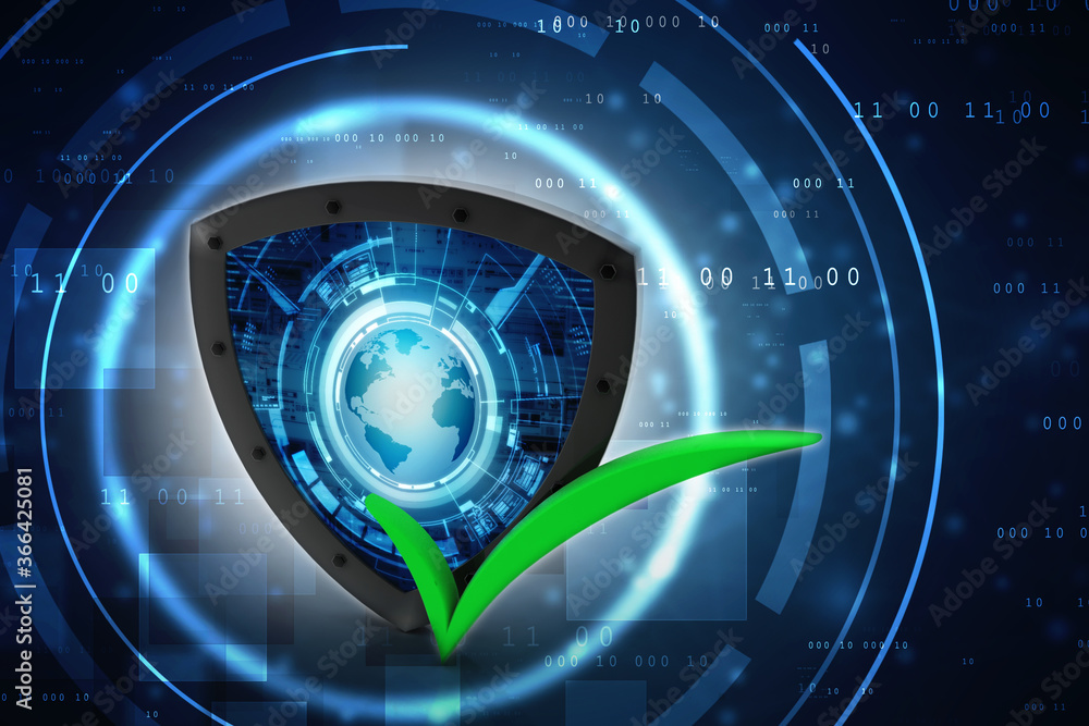 Poster 3d rendering tick mark over a shield surface
