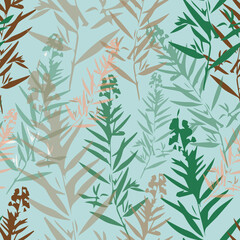 Elegant seamless pattern with exotic flowers, vector. Botanical seamless pattern with wild herbs. Botanical texture with herbs and leaves. Use for background, wallpaper, surface decoration, textile an