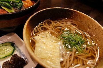 Soba noodles in soya soup with green onions and bean curd skin at a restaurant in Kyoto, Japan