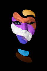 Close-up portrait of woman with creative colorful makeup. Abstract picture isolated on black background on female face.