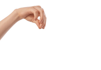 This is a hand holding an object. Hand sprinkles salt, sugar or spices on a white background.