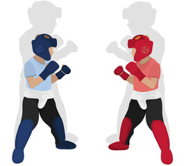 Martial arts. Single combat. Graphic drawing. Duel of two fighters. Red and blue corner.  