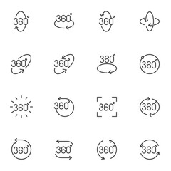 360 degree view line icons set, outline vector symbol collection, linear style pictogram pack. Signs, logo illustration. Set includes icons as 360 Degree Arrows for Virtual Reality