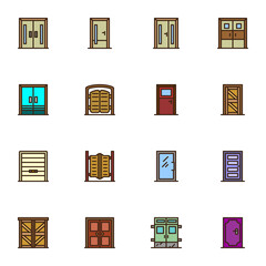 Architectural doors filled outline icons set, line vector symbol collection, linear colorful pictogram pack. Signs logo illustration, Set includes icons as entrance front doors for houses and building