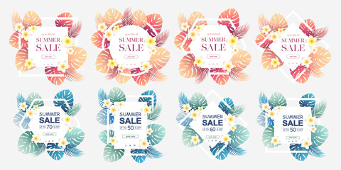 Summer sale vector banners collection with tropical colorful monstera, palm leaves and exotic flowers. Design for advertising, promotion, flyer, invitation, poster, card, website