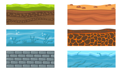 Types of ground set. Dessert sand and clay, ocean water and seaweeds on ground, ice and sea, layers of field grass and soil. Can be used for nature, Earth and landscape, underground texture topics